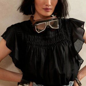 Banana Republic Black Cotton Pintuck Ruffle Sleeve Light Weight Top Size XS